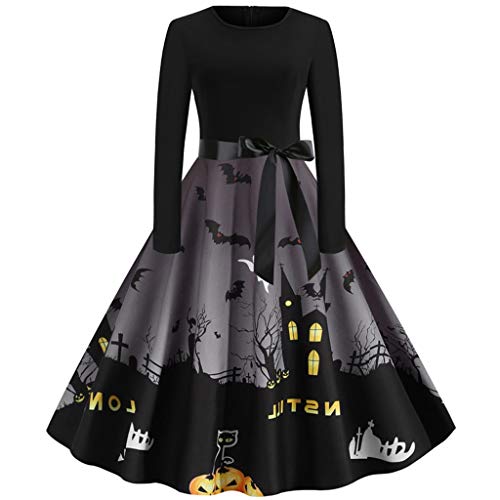 HIRIRI Halloween Dresses Womens Long Sleeve Cocktail Swing Dress Vintage Pumpkin Printed Cosplay Party Costume Gray - Thumbnail 6