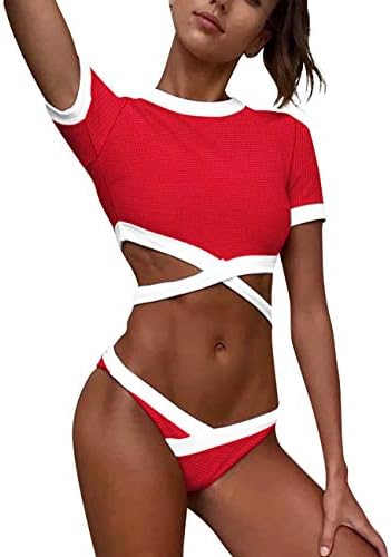 NAFLEAP Women High Waisted Sport Swimsuits 2 PCS Short Sleeve Bath Suit Cut Push Up Bikini Set