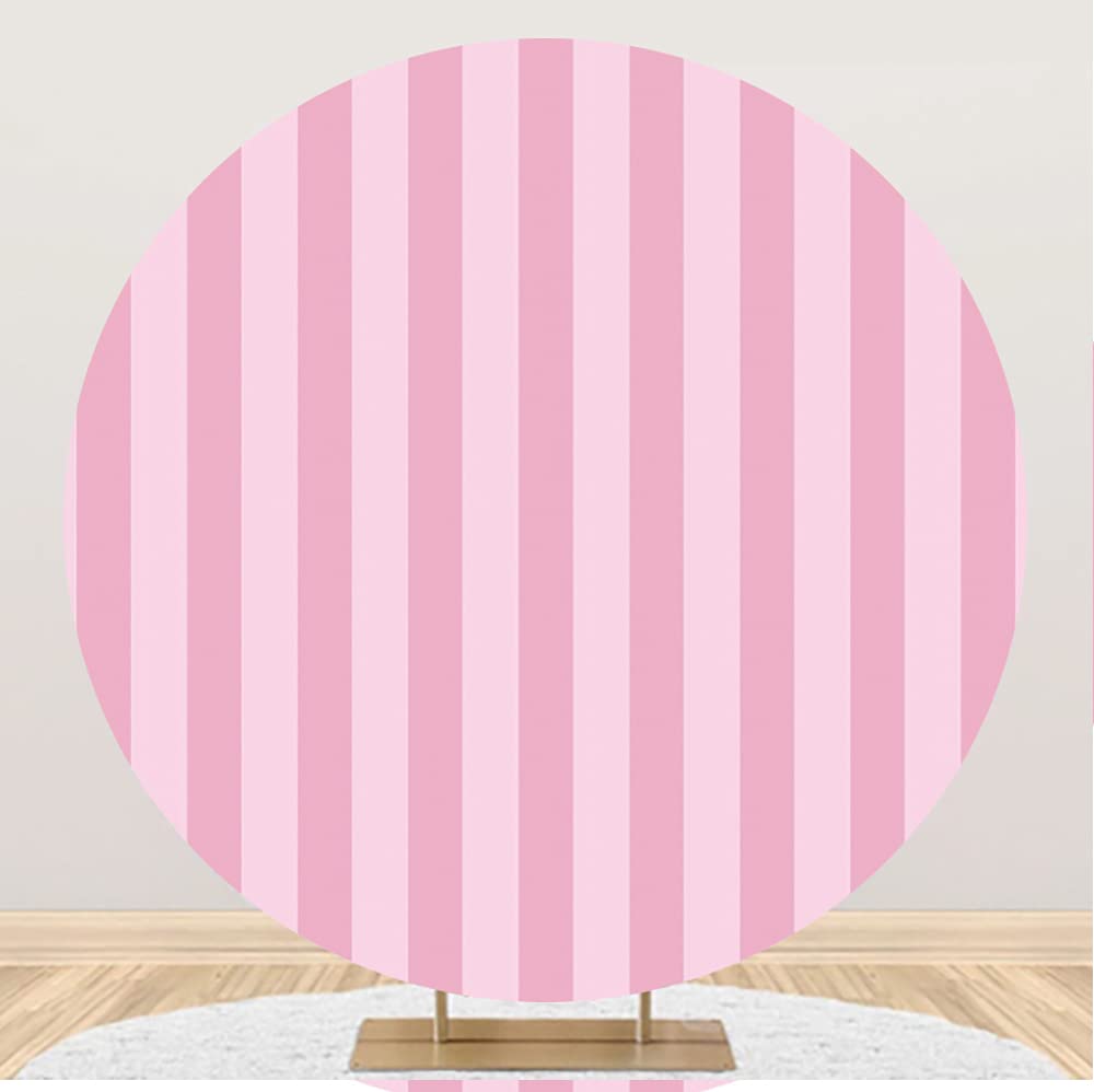 Photo 1 of Laeacco 7.2x7.2FT Pink Stripe Round Backdrop Cover Polyester Sweet Pink Vertical Striped Photography Backdrop Newborn Baby Shower Girls Birthday Party Cake Table Banner Kid Adult Portrait Photo Studio
