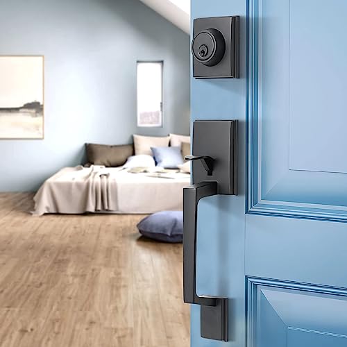 GUA OYH Conjunto de maçaneta da porta da frente preto fosco puxadores de porta com alavanca da porta dianteira conjunto de travas de porta, forma moderna e reta (L36158-B-S120)