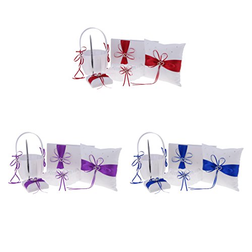 SunniMix Pieces of 5 Wedding Set Guest Book and Pen Stand Flower Girl Basket Ring Cushion Ring Holder Ring Bearer Garter Keepsake Memorial - Purple, as described