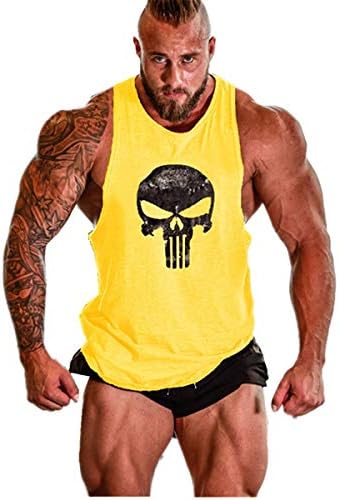 Cabeen Men's Skull Print Bodybuilding Workout Muscle Gym Stringer Sleeveless Shirts Tank Tops