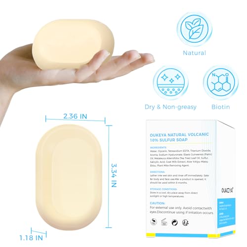 OUKEYA Sulfur Soap for Face and Body with 10% Sulfur, 2% Salicylic Acid, Sulphur Soap Bar with Goat Milk & Tea Tree Oil Hydrating Aloe & Hyaluronic Acid