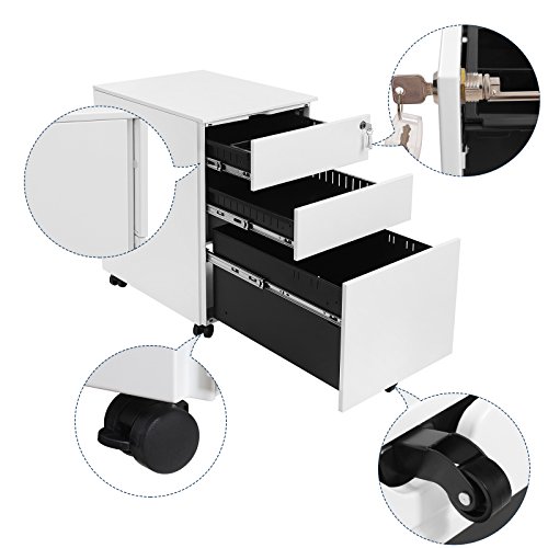 SONGMICS OFC60WT Office Cabinet Metal Mobile Storage Box with Wheels and Lock for Documents and Hanging File with 3 Drawers 39 x 52 x 60 cm White