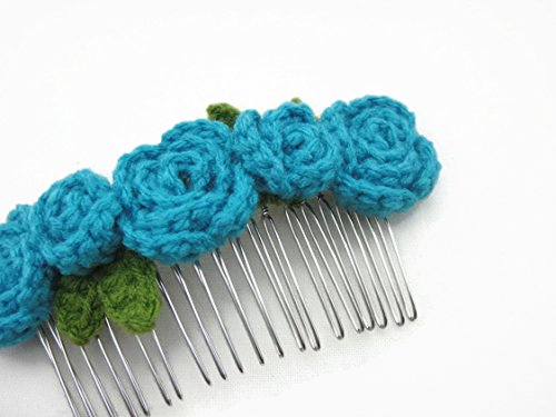 Hair Comb Slides Clip Girl Accessories Crochet Flower Roses Light Blue
