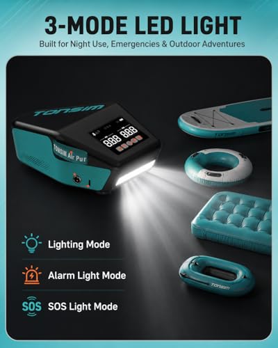 Tonsim Electric Paddle Board Pump Rechargeable 20 PSI, 15600mAh Cordless SUP Pump with 4 Modes, Dual-Stage Inflation & Deflation, Auto-Off, 12V DC Car Connector, LED Light, Black