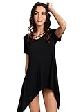 RAISEVERN Women's Criss Cross Neck Basic Casual Various Irregular Hem T Shirt Dress Black Medium