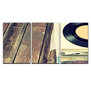 3 Piece Canvas Wall Art - Close Up of Old Record and Records Stack - Modern Home Art Stretched and Framed Ready to Hang - 16"x24"x3 Panels