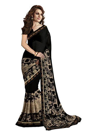 Jaanvi fashion Women's Georgette Printed Saree Free Size Black