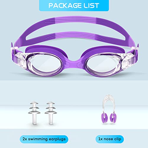 JATEKA Gafas de Natación para Niños, Adecuadas y Cómodas Gafas de Natación con Clip de Nariz Enchufe de Oído, Antiniebla Sin Fugas Gafas Natación Ajustable para Niños de 4 a 14 Años