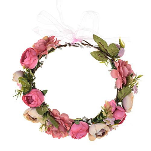 June Bloomy Women Rose Floral Crown Hair Wreath Leave Flower Headband with Adjustable Ribbon (1# Pink)