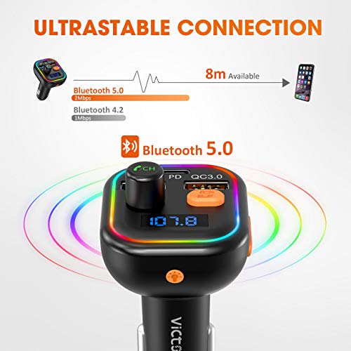 VicTsing Bluetooth FM Transmitter for Car, 41W PD & QC3.0, Car Radio Audio Adapter, RGB Backlight/Deep Bass/ BT5.0, U Disk/TF Card Music Play, Hands-free Support Siri Google-Assistant