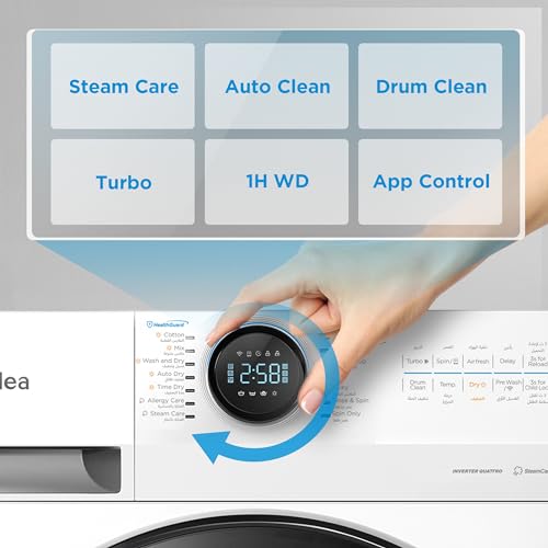 Midea 8/6 KG Smart Washer Dryer With BLDC Inverter Motor, 1400 RPM, Fully Automatic Front Load Washing & Drying Combo, 14 Programs-Quick Wash/Steam Care/Auto Clean, White - MF200D80WBW-GCC