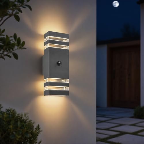 JNR Outdoor Lamp with Motion Sensor, GU10 LED Outdoor Lamp, Anthracite Grey | Outdoor light with PIR motion sensor, IP54 waterproof 230 V aluminium outdoor lamp, 2 x 5 W GU10 3000 K LED bulb
