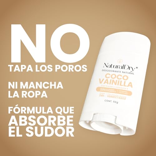 NaturalDry Desodorante Natural que SÍ FUNCIONA | Delicioso aroma Coco Vainilla | Sin Aluminio | Sin Parabenos | Desodorante Mujer | No macha la ropa | Protege del mal olor hasta 24 Horas | 50 G (3 Unidades)