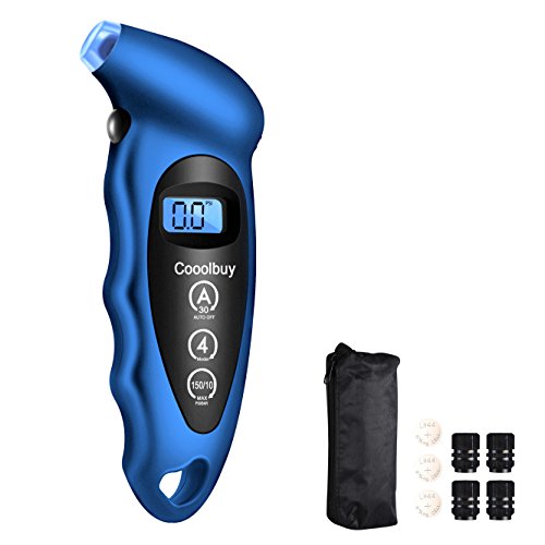 Cooolbuy Digital Tire Pressure Gauge 150 PSI 4 Settings with Backlight LCD and Non-Slip Grip-Button Cells,Tire Valve Caps,Carry Bag Included (Blue-1 Pack)