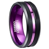 NUNCAD Purple Tungsten Ring for Men 8mm Center Grooved Black Matte Finish Beveled Edge Size 7 to 12