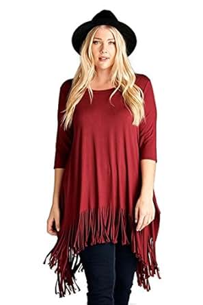 Oddi Boho Chic Jersey Knit Fringe Tunic Top Plus Size at Amazon Womenâs Clothing store: