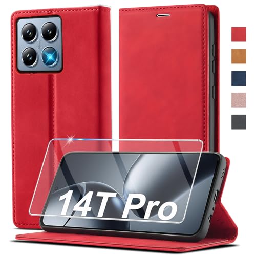 Ailicici Étui de protection en cuir pour Xiaomi Mi 14T Pro - Avec film de protection d'écran - Étui de protection à rabat en cuir - Étui de protection à rabat 360° - Anti-chocs - Pour Xiaomi Mi 14T