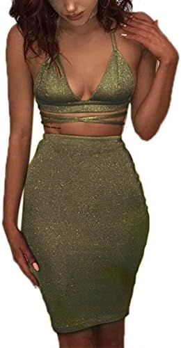 Doramode Sexy Glitter Spaghetti Strap V Neck Bandage Bodycon Midi High Waist 2pcs Outfit Casual Club Dress For Women