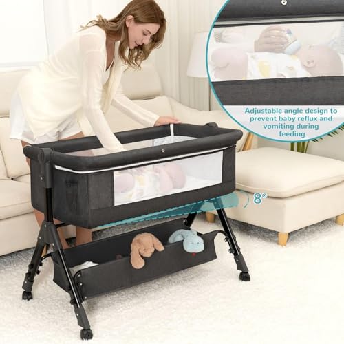 Baby Bassinet Crib, Bedside Bassinet for Baby, 3 in 1 Bassinet Bedside Sleeper with Wheels, Mosquito Net, Adjustable Easy Folding Portable Baby Bed for Infant Newborn