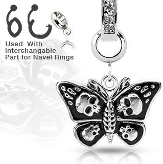Add-On 316L Stainless Steel Skull Death Head Moth Dangle for Navel Rings, Dermal Anchors Labret cz top not included