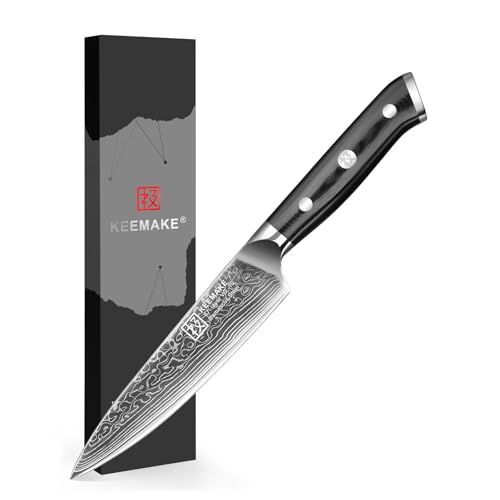 KEEMAKE Damascus Kitchen Utility Knife - 5 Inch Extra Sharp Multipurpose Kitchen Knives with 67-Layer Damascus Steel VG-10 Blade Fruit Knives and Ergonomic G10 Glass Fiber Handle Paring Knife