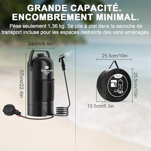 Tadomoe 20L Portable Solar Camping Shower with Foot Pump & Hose 2 m – Foldable Outdoor Shower Bag with Shower Head and Bag – Ideal for Travel, Van, Beach, Dog and Garden