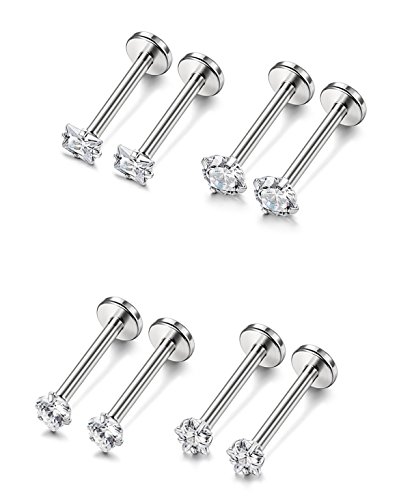 FUNRUN JEWELRY 4 Pairs 16G Stainless Steel Monroe Lip Rings Nose Studs Body Jewelry Piercing 3mm CZ 10mm