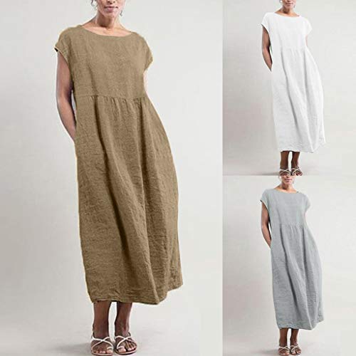 Women's Cotton Linen Dresses Short Sleeve Baggy Loose Summer Clothing Hi-Low Maxi Sundress Caftan Pockets (XL, Brown)