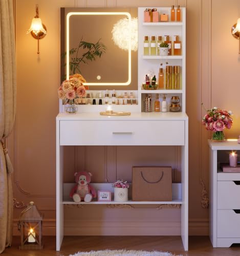 TEENFON Vanity Desk with Mirror and LED Lights, Small Vanity with 2 Open Compartments & 4 Shelves, Dressing Table with Large Drawer for Bedroom, White