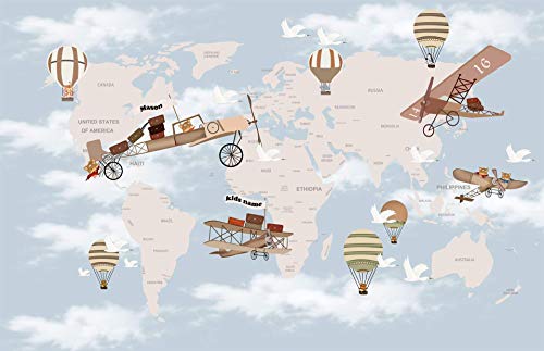 Map with Airplane Nursery Wallpaper Educational geography Wallpaper for Kids room Balloons Wall Mural for Baby Bedroom Slef-adhesive Fabric Wall Decal Removable
