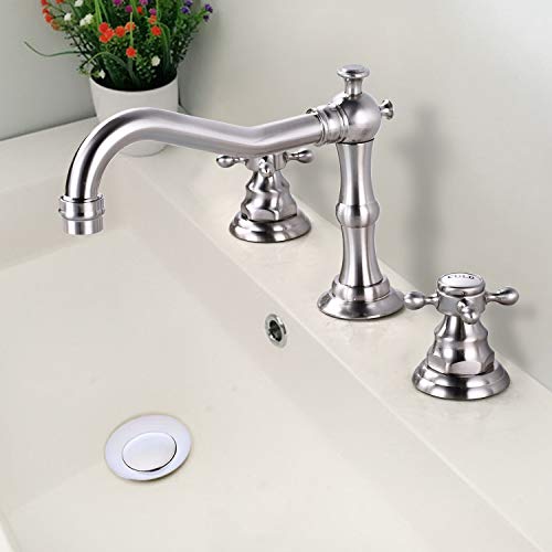 Bathroom Sink Faucet Widespread Brushed Nickle Double Mixing Tap Deck Mount Cross Knobs 3 Hole with Pop Up Drain