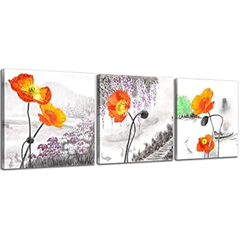 NAN Wind Small Size Orange Pictures Poppy Flowers Canvas Prints 3 Panels Wood Framed Orange Poppy Print Wall Art Flowers Print Painting 12x12inches 3pcs/Set