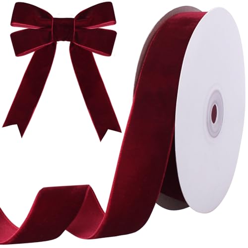 Tsorode 10 Yards Burgundy Velvet Ribbon 1 Inch for Christmas Tree,Dark Red Velvet Christmas Ribbon for Gift Wrapping Crafts Bow Wreath Holiday Decorations (Burgundy)