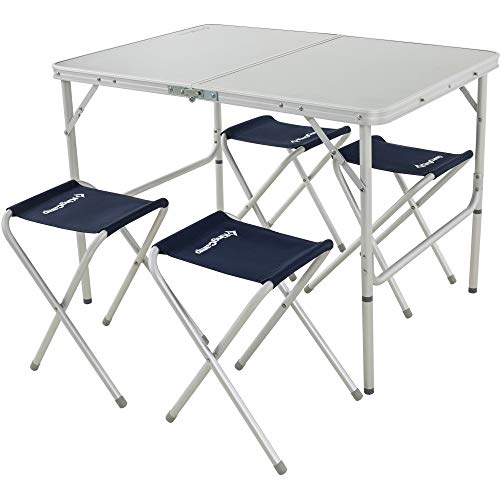 KingCamp Folding Camping Table Stool Suit, Adjustable Portable Lightweight Compact Picnic Table with 4 Fishing Stools,for Indoor or Outdoor Party & Activities, Aluminum