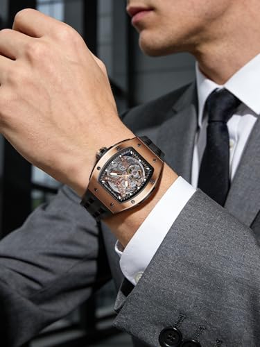 TSAR BOMBA Men's Automatic Watch Skeleton Watch Luxury Barrel Mechanical Watch 50m Waterproof Analog Watch