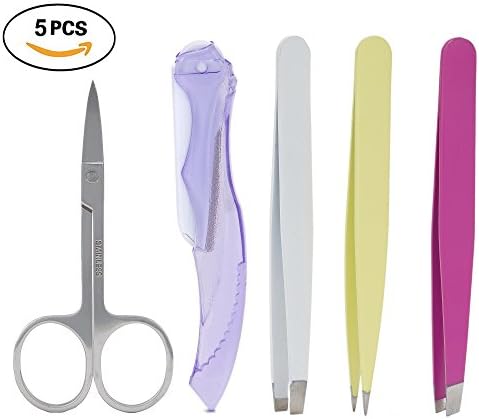 Tweezers Set,5-Piece Professional Stainless Steel Tweezers by MUKUN,Eyebrow Scissors Eyebrow Razor Beauty Tool,Best Precision Tweezers Set for Eyebrow Shaping