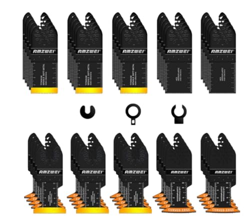 AMZWEI 50PCS Oscillating Tool Blades, Professional Universal Titanium Multitool Blades for Wood Metal, Quick Release Compatible with Dewalt Ryobi Milwaukee Rockwell Fein