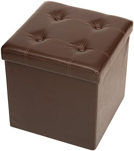 Fresh Home Elements FHE 15โ Tufted Folding Storage Ottoman Cube, 15 x 15 x 15, Brown Vegan Faux Leather, Easy Transformation for Extra Storage, Seating, and Foot Rest, Family, Guests, Decluttering