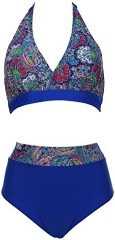SYBKNSTW Womens Plus Size Swimwear High Waist Swimsuit Deep-V Vintage Print Floral Bikini Bathing Suit Light Blue XXL