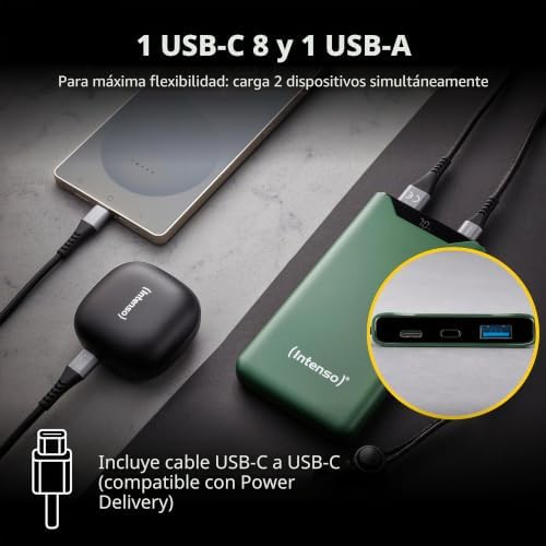 Powerbank F10000 - Bateria Externa com PD (20 W) e QC (18 W), Conector USB-C e USB-A, 10000 mAh, Cor Verde