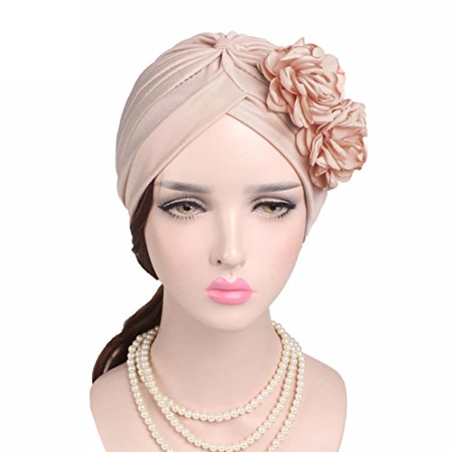 QingFan Women Muslim Solid Flowers Cancer Chemo Hat Turban Headbands Hair Loss Wrap Cap (Beige)
