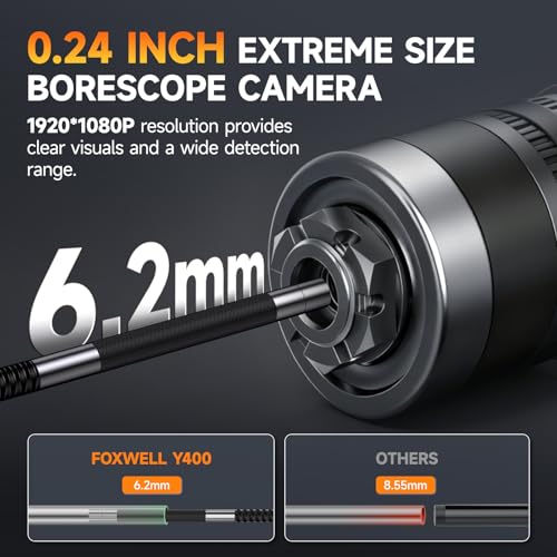 FOXWELL Y400 220° Rotatable Endoscope Camera with Light, 6.2 mm Endoscope Camera, Movable Head, IP67 Waterproof Inspection Camera, Endoscope Camera, 1080P Tube Camera, Channel Camera - 5.25 ft (1.6 Metres)