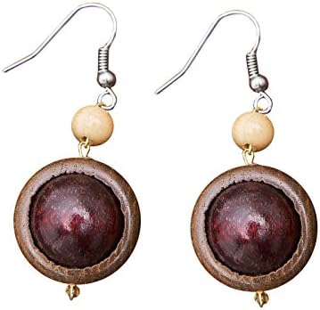 Wooden Dangles Circle Round Bead Pendants Fish Hook Pierced Ear 2" Drop Earrings (Eyes)