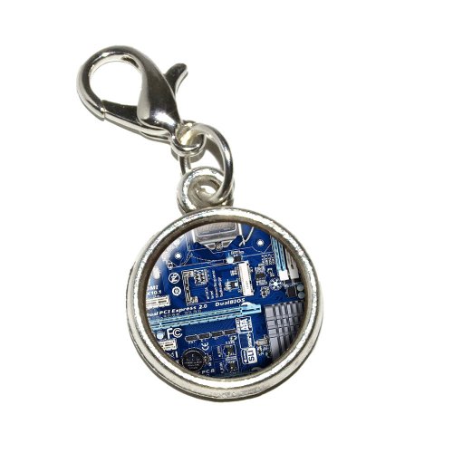 Graphics and More Blue Computer Motherboard Processor CPU Memory Antiqued Bracelet Pendant Zipper Pull Charm with Lobster Clasp