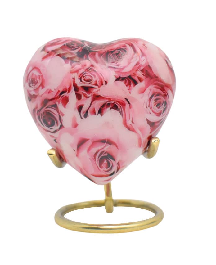 BOLD & DIVINE Urns for Human Ashes - Adult Female & Men, Decorative & Funeral Urns - Pink Rose, 1 Small Keepsake Heart with a Stand