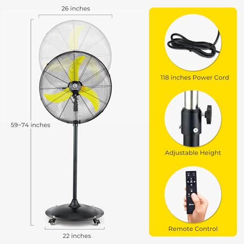 FUGOO 24'' Outdoor Oscillating Pedestal Fan With Remote Control,All Sealed BLDC Motor, 4-Speed Waterproof Outdoor Fan, Heavy Duty Industrial Floor Fans for House,Patios, Commercial, Garage, Warehouse