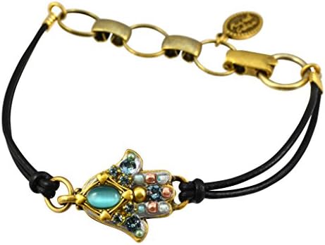 Michal Golan Gold Plated Small Hamsa Hand Bracelet with Blue Cats Eye and Crystals on Leather Cord