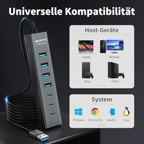 7-Port USB Hub 3.0 with 120 cm Cable for Desktop, Aluminium USB Splitter 5Gbps Multiport Adapter with 4 USB-A & 3 USB-C Port, 5V 3A Type-C Port for PC, Laptop, MacBook, U-Disk, Mouse